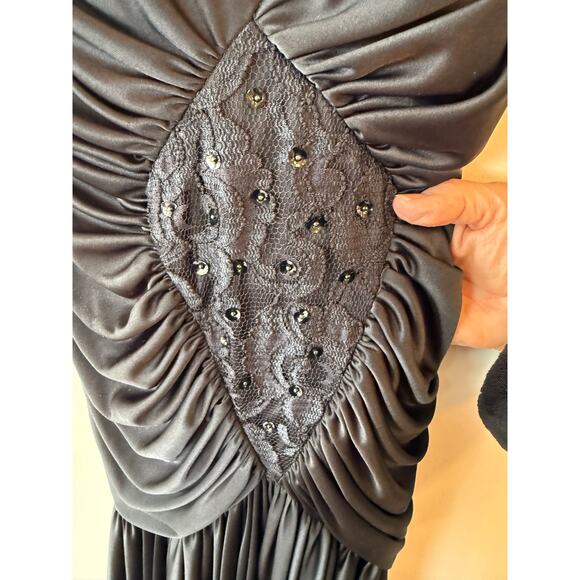 Vintage Ruched Evening Dress Womens 7/8 Black Beaded ILGWU Union 70s Formal Gown - Picture 3 of 13
